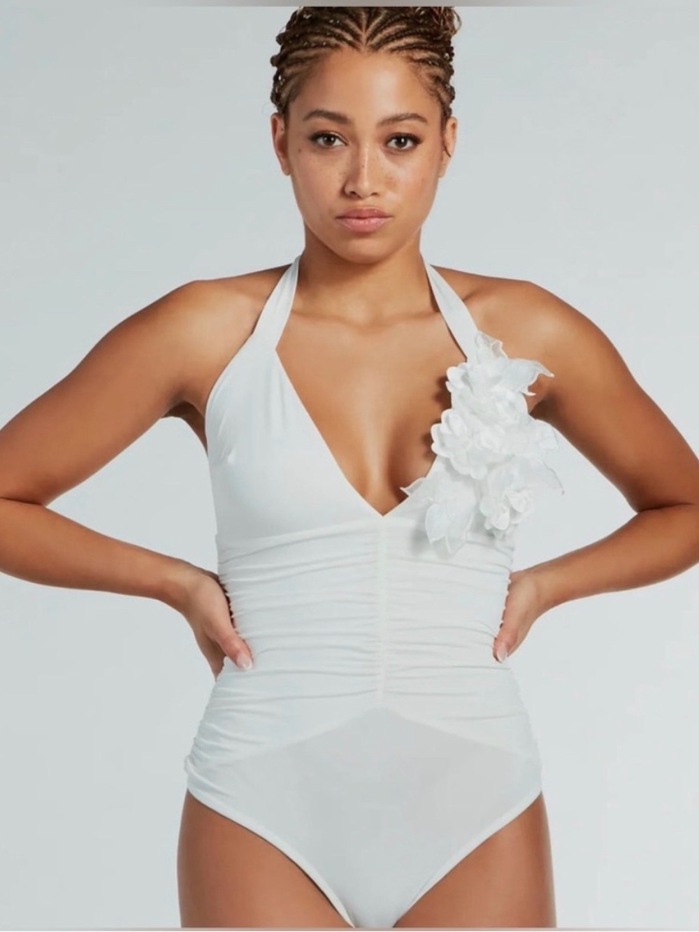 Windsor Always Polished White Halter Bodysuit with Floral Shoulder Detail